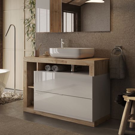 Meuble sous vasque BURGA en blanc brillant et décor chene cadiz