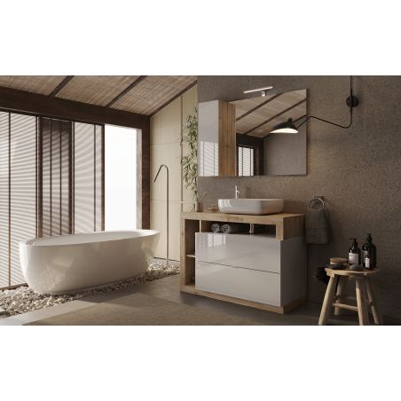 Meuble sous vasque BURGA en blanc brillant et décor chene cadiz
