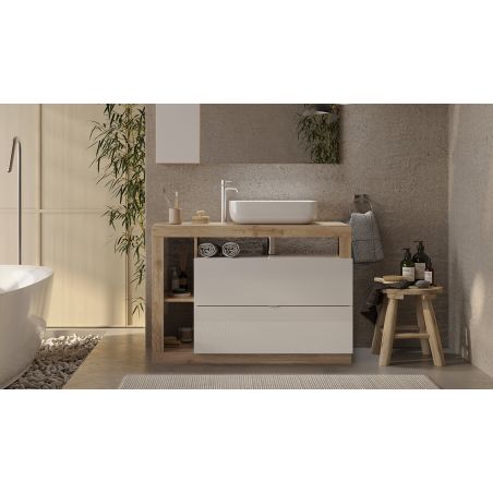 Meuble sous vasque BURGA en blanc brillant et décor chene cadiz