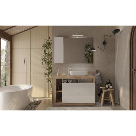 Meuble sous vasque BURGA en blanc brillant et décor chene cadiz