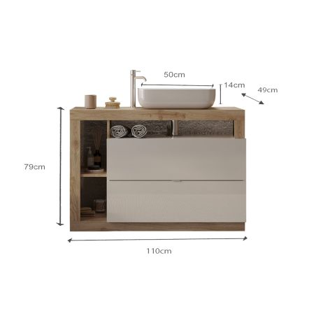 Meuble sous vasque BURGA en blanc brillant et décor chene cadiz