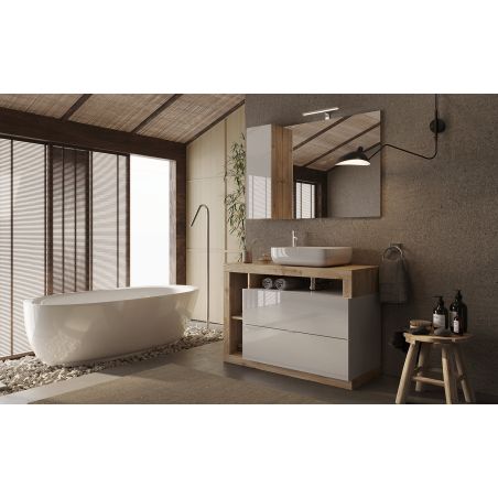 Miroir 110 cm BURGA avec colonne en blanc brillant et décor chene cadiz