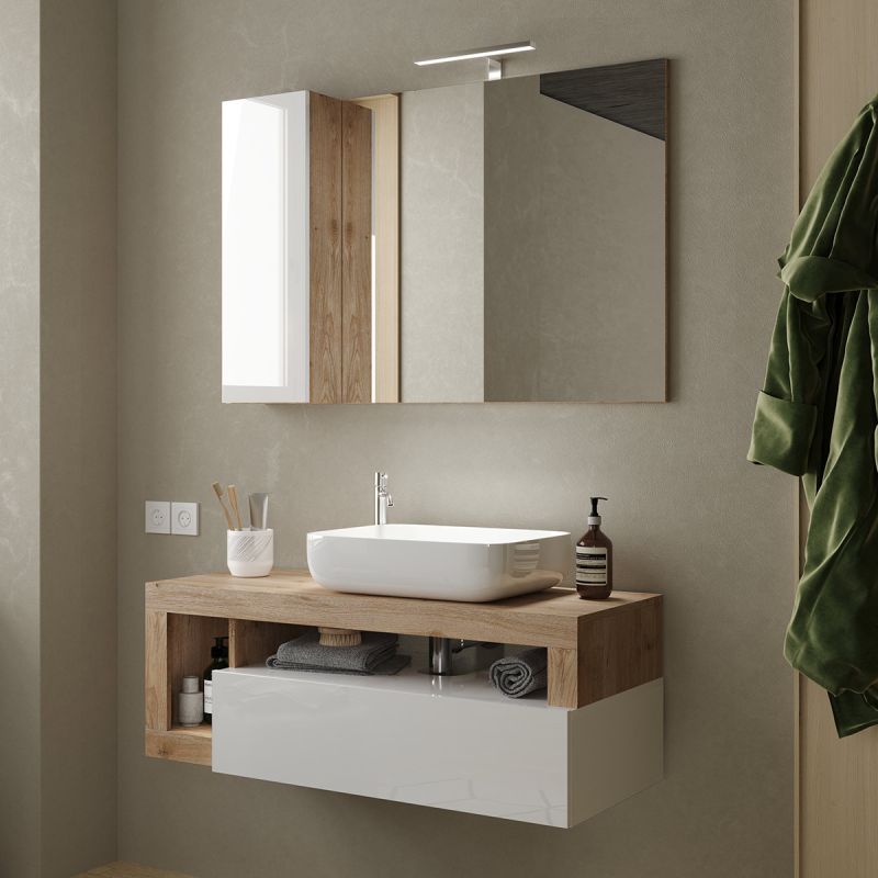 Meuble suspendu avec vasque BURGA 110 cm en blanc brillant et décor chene cadiz