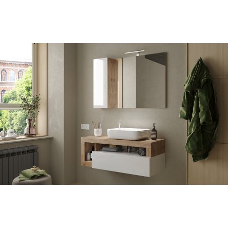 Meuble suspendu avec vasque BURGA 110 cm en blanc brillant et décor chene cadiz
