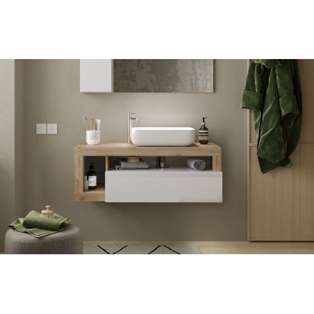 Meuble suspendu avec vasque BURGA 110 cm en blanc brillant et décor chene cadiz