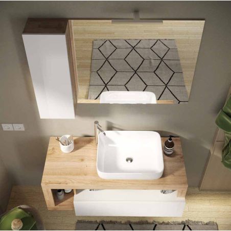 Meuble suspendu avec vasque BURGA 110 cm en blanc brillant et décor chene cadiz