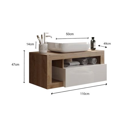 Meuble suspendu avec vasque BURGA 110 cm en blanc brillant et décor chene cadiz