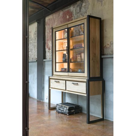 Metalo, vaisselier 140 cm - 2-portes en verre (+ LED) + 2-tiroirs - Henders&Hazel