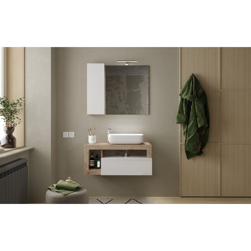 Meuble De Salle De Bain Suspendu Ou à Poser - Chêne Blanchi, 52 Cm, 2 Tiroirs, Avec Plan Vasque Intégrée - Style Scandinave