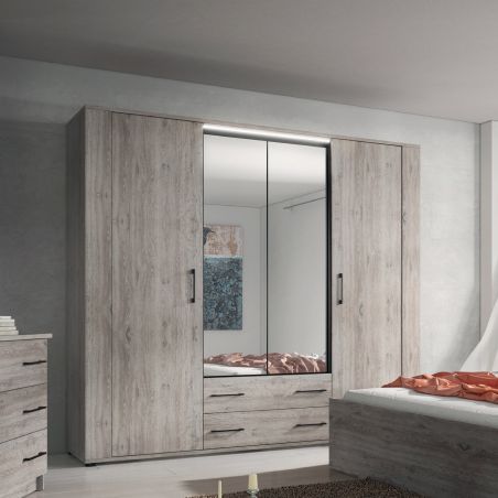 Armoire 230 cm MANON en décor chêne chateau avec 4 portes et 2 tiroirs