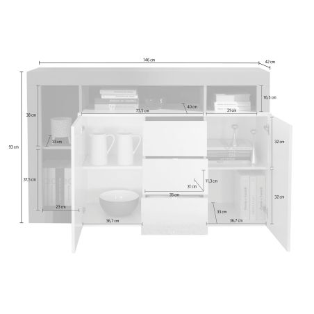Buffet design 2 portes et 3 tiroirs BURGA 146 cm - proposé en 2 finitions
