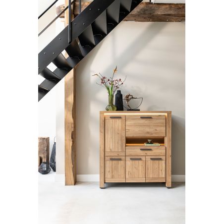 Delmonte, highboard 130 cm. - 4-portes + 1-tiroir + 1-porte rabattante + 1-niche (LED+variateur)- Henders and Hazel