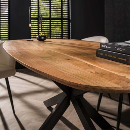 Table ovale MAXIME 215 cm en acacia massif avec pied central en métal