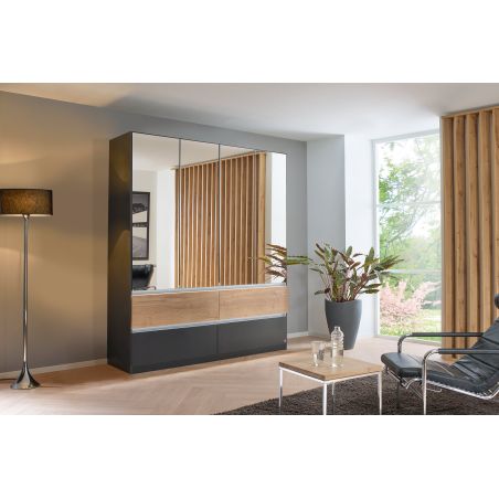 Armoire 181 cm WINDSOR avec 4 portes miroirs et 4 tiroirs en décor gris mat et chene halifax