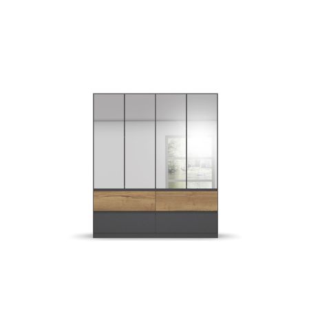 Armoire 181 cm WINDSOR avec 4 portes miroirs et 4 tiroirs en décor gris mat et chene halifax