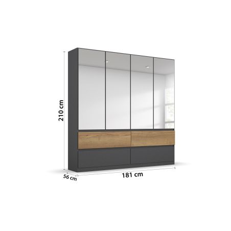Armoire 181 cm WINDSOR avec 4 portes miroirs et 4 tiroirs en décor gris mat et chene halifax