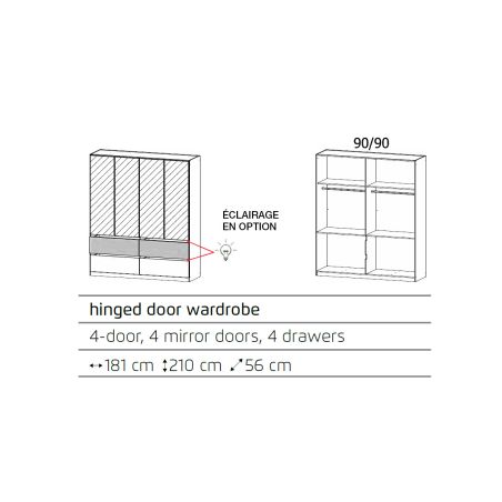Armoire 181 cm WINDSOR avec 4 portes miroirs et 4 tiroirs en décor gris mat et chene halifax