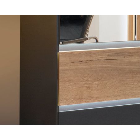 Armoire 181 cm WINDSOR avec 4 portes miroirs et 4 tiroirs en décor gris mat et chene halifax