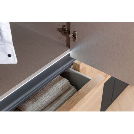 Armoire 181 cm WINDSOR avec 4 portes miroirs et 4 tiroirs en décor gris mat et chene halifax