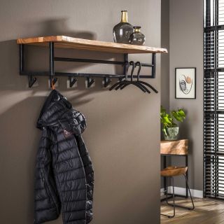 Porte-manteau mural 100 cm EDGY en acacia massif avec 6 crochets et étagère