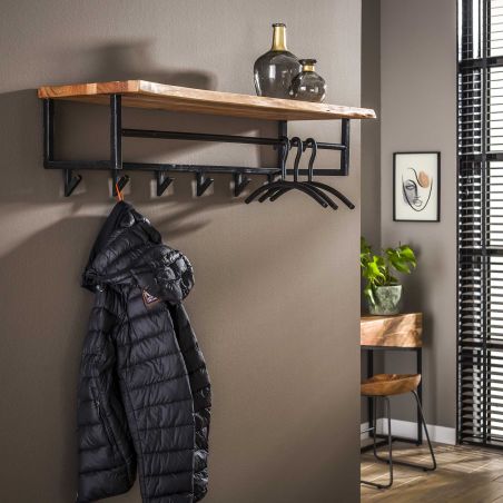 Porte-manteau mural 100 cm EDGY en acacia massif avec 6 crochets et étagère