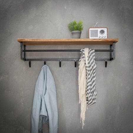 Porte-manteau mural 100 cm EDGY en acacia massif avec 6 crochets et étagère