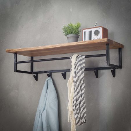 Porte-manteau mural 100 cm EDGY en acacia massif avec 6 crochets et étagère