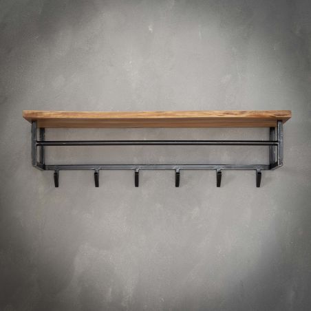 Porte-manteau mural 100 cm EDGY en acacia massif avec 6 crochets et étagère