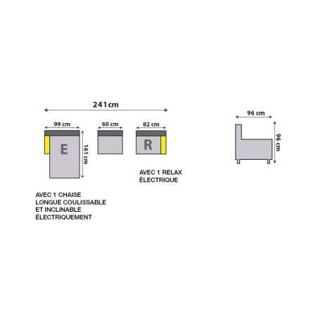 Canapé d'angle en tissu LUMINA avec 1 relax électrique et 1 chaise longue électrique