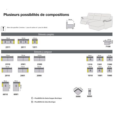 Canapé d'angle en tissu LUMINA avec 1 relax électrique et 1 chaise longue électrique