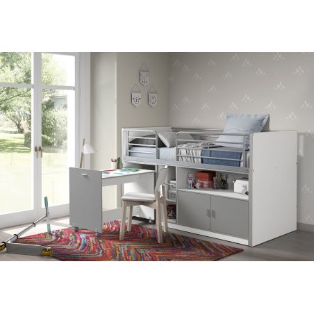 Lit combiné Dany avec bureau à roulettes blanc et gris