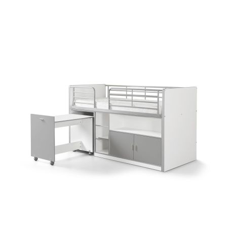 Lit combiné Dany avec bureau à roulettes blanc et gris