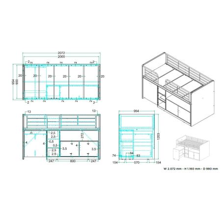 Lit combiné Dany avec bureau à roulettes blanc et gris
