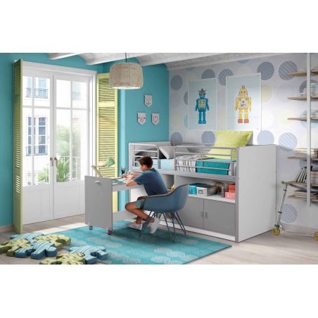Lit combiné Dany avec bureau à roulettes blanc et gris