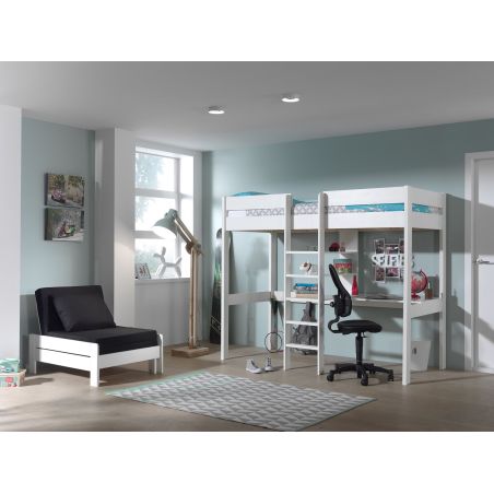 Lit surélevé Piny avec bureau et fauteuil 90x200 cm blanc