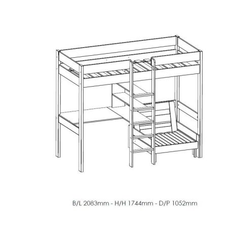 Lit surélevé Piny avec bureau et fauteuil 90x200 cm blanc