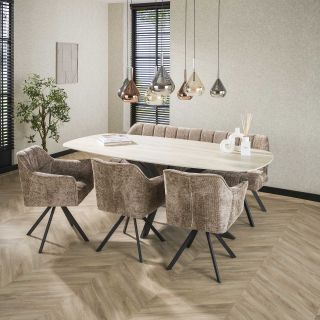 Table ovale SILAS 215 cm en céramique 3D travertin avec piètement en métal