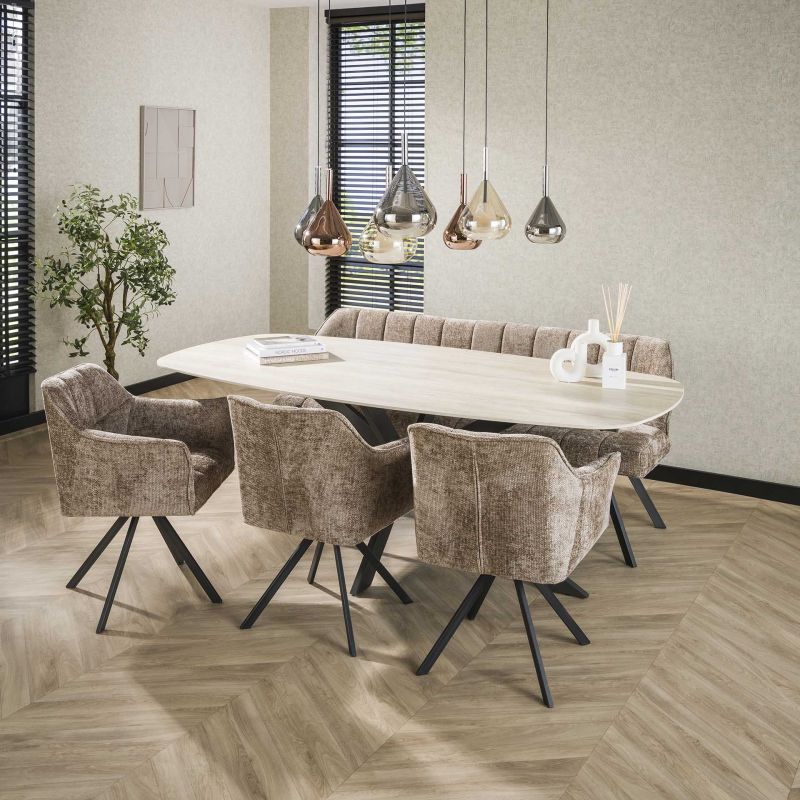 Table ovale SILAS 215 cm en céramique 3D travertin avec piètement en métal