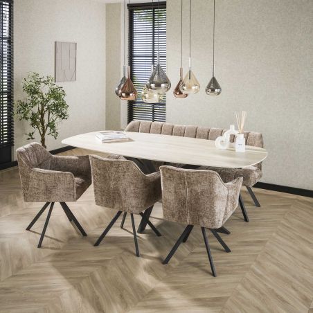 Table ovale SILAS 215 cm en céramique 3D travertin avec piètement en métal