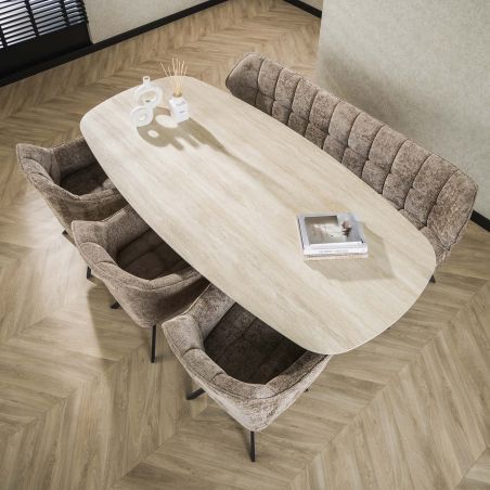 Table ovale SILAS 215 cm en céramique 3D travertin avec piètement en métal