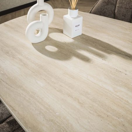 Table ovale SILAS 215 cm en céramique 3D travertin avec piètement en métal