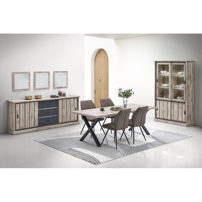 Salle à manger complète CLEMENCE avec table 190 cm et vitrine avec led