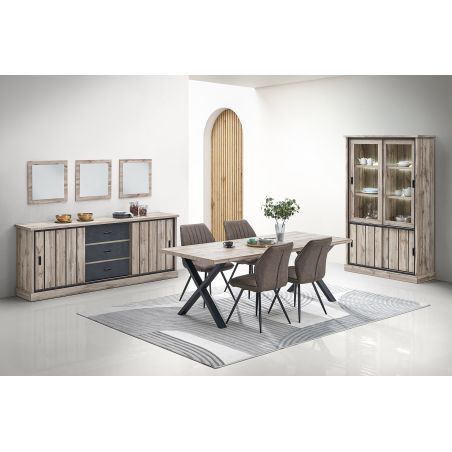 Salle à manger complète CLEMENCE avec table 190 cm et vitrine avec led