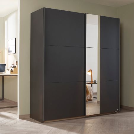 Armoire SCOTT 175 cm en bgris métallique avec 2 portes coulissantes et miroir partiel