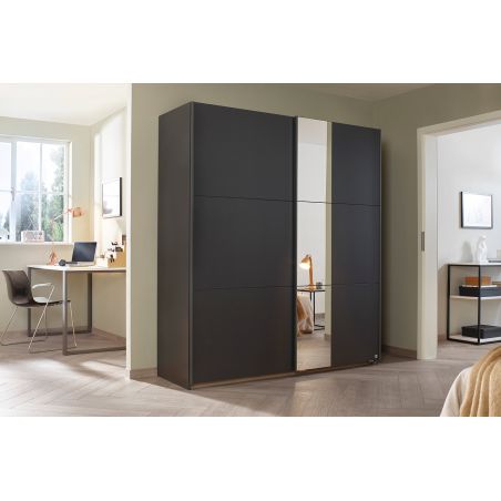 Armoire SCOTT 175 cm en bgris métallique avec 2 portes coulissantes et miroir partiel