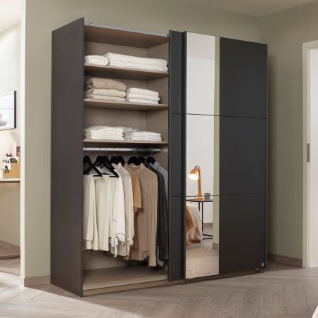 Armoire SCOTT 175 cm en bgris métallique avec 2 portes coulissantes et miroir partiel
