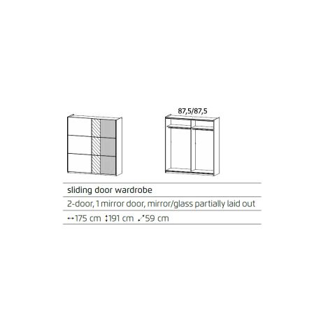 Armoire SCOTT 175 cm en bgris métallique avec 2 portes coulissantes et miroir partiel