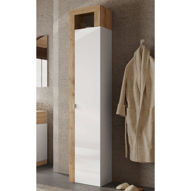 Colonne 1 porte BURGA hauteur 188 cm pour salle de bain en blanc brillant et décor chene cadiz