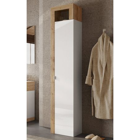 Colonne 1 porte BURGA hauteur 188 cm pour salle de bain en blanc brillant et décor chene cadiz