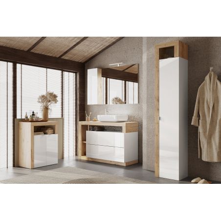 Colonne 1 porte BURGA hauteur 188 cm pour salle de bain en blanc brillant et décor chene cadiz